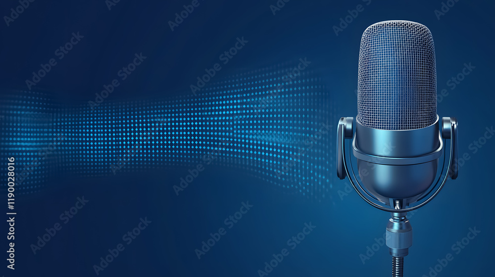Poster microphone with waveform displayed on a blue background, suitable for broadcasting or podcasting