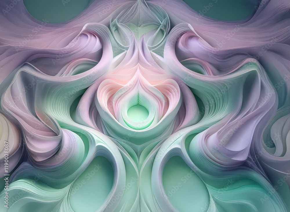 Poster abstract image featuring swirling, layered pastel shapes against a soft, gradient background. the de