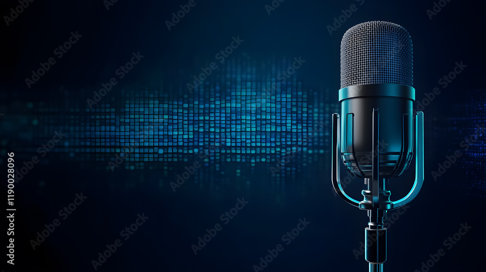 Poster microphone with waveform displayed on a blue background, suitable for broadcasting or podcasting