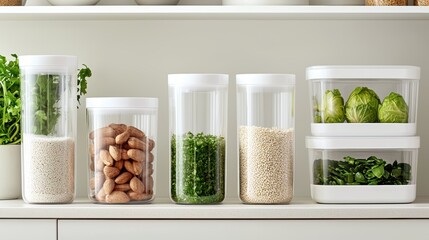 Clear storage containers filled with various ingredients, neatly arranged on a shelf, emphasizing organization and kitchen aesthetics.