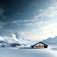 Remote mountain lodge, chimney smoke rising into crisp winter air, 3D illustration