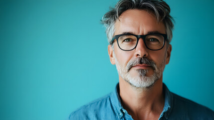 Middle-aged man wearing eyeglasses and a blue shirt
