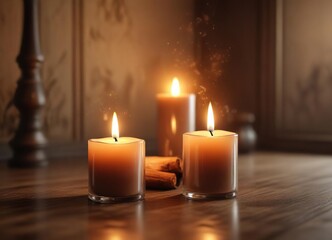 Soft candle smoke fills the room with a warm ambiance, interior lighting, cozy atmosphere,