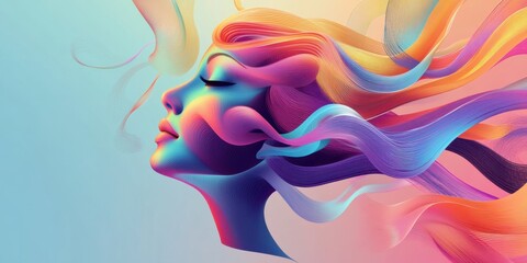 Obraz premium Vibrant Abstract Portrait of a Woman with Flowing Colorful Hair, Digital Art Illustration