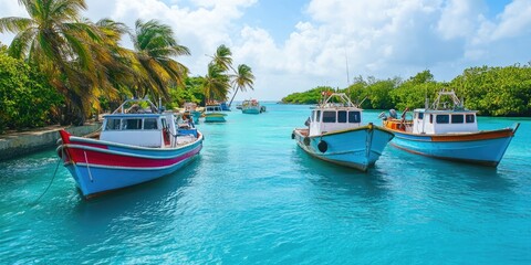 Tropical harbor, colorful boats, palm trees, turquoise water, idyllic vacation