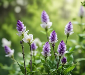 Obraz premium Soft focus image of purple and white flower buds against a blurred green backdrop, botanical, soft focus, blooming