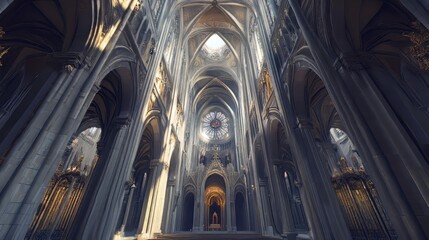 Majestic cathedral interior, sunlight streams in