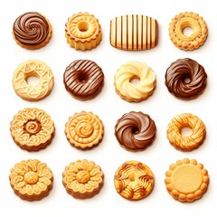 This image displays a tempting assortment of freshly baked cookies, each with unique shapes and textures, arranged beautifully against a clean white background, creating an inviting visual delight.