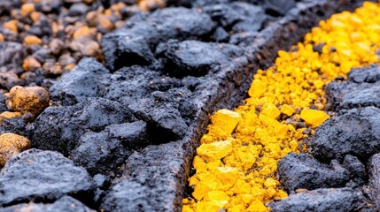 Vibrant Yellow Mineral Vein in Dark Volcanic Rock