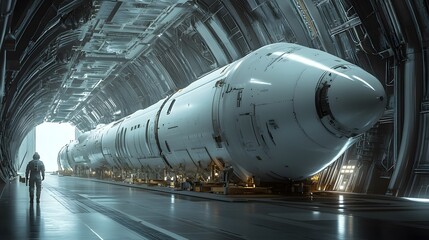 Naklejka premium A lone astronaut gazes at a massive spacecraft in a futuristic hangar.