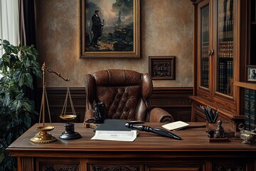 Classic Lawyer's Office: Desk, Chair, Scales, Books, and Documents
