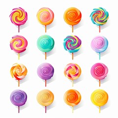 A variety of colorful lollipops on a white background. The lollipops are of various sizes, shapes, and colors. This image is perfect for illustrating a story about candy or for a sweet treat.