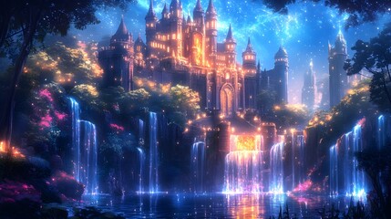 Naklejka premium A magical castle illuminated by starlight amidst cascading waterfalls.
