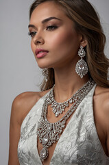 Brunette woman model with high-end jewelry in dramatic studio lighting 