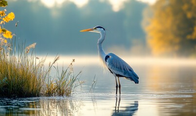 Naklejka premium Heron sunrise lake autumn reeds nature