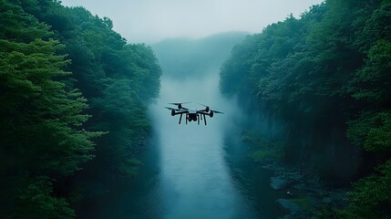 A drone hovering above a misty river surrounded by dense green forest.