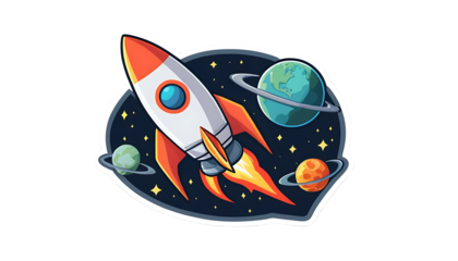 Retro Rocket Launches Through Cosmic Scene: A Vibrant Space Adventure