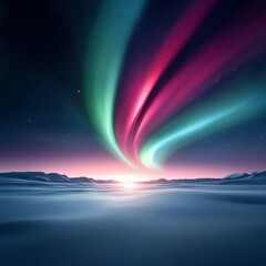 Fototapeta premium Winter twilight, vibrant auroras dancing over a snowy field, artistic framing, 3D illustration