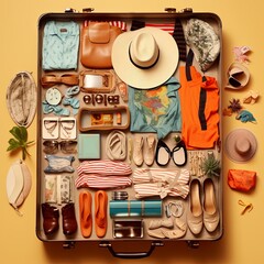 The suitcase is packed for a summer vacation. The clothes are neatly folded and organized, and the cosmetics are in clear containers. The suitcase is ready to be closed and taken on the trip.