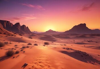 Naklejka premium Stunning sunset creating a magical gradient of colors over a vast desert landscape, terrain, tranquil, arid