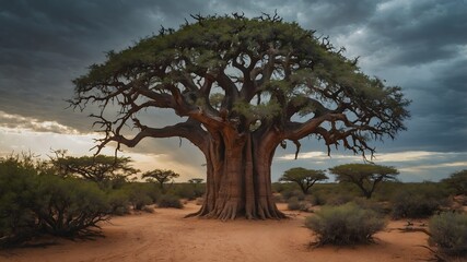 Obraz premium The Solitary Baobab: An Adansonia Grandidieri Tree Against a Cloudy Sky