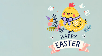 chicken on a blue background. easter eggs. Easter. Flowers. Illustration. Happy Easter inscription. Generated AI