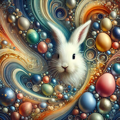 Easter eggs. muzzle of a white rabbit on an abstract background. Easter.  Generated AI