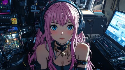 Anime female with pink hair and headphones, focused in a high-tech environment.