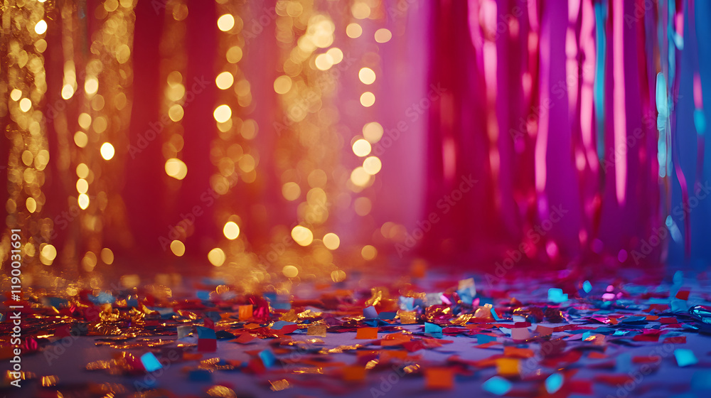 Poster festive background with colorful confetti scattered on the floor, illuminated by warm and cool bokeh