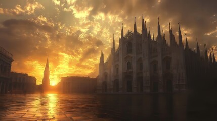 Sunrise over Gothic cathedral square