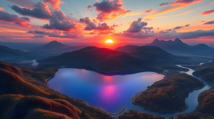 A vibrant digital painting of a heart-shaped lake and winding river at sunset. Bioluminescent colors distinctly split the scene, bold areas illuminated by natural light effect