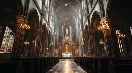 Obraz premium Grand cathedral interior, sunlight streams in