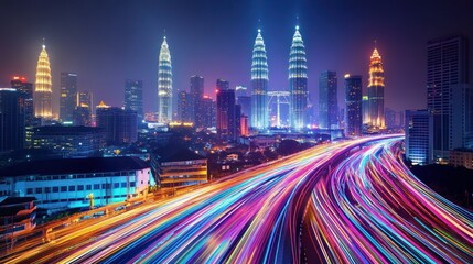 Fototapeta premium A vibrant cityscape at night with illuminated skyscrapers and light trails on a highway.