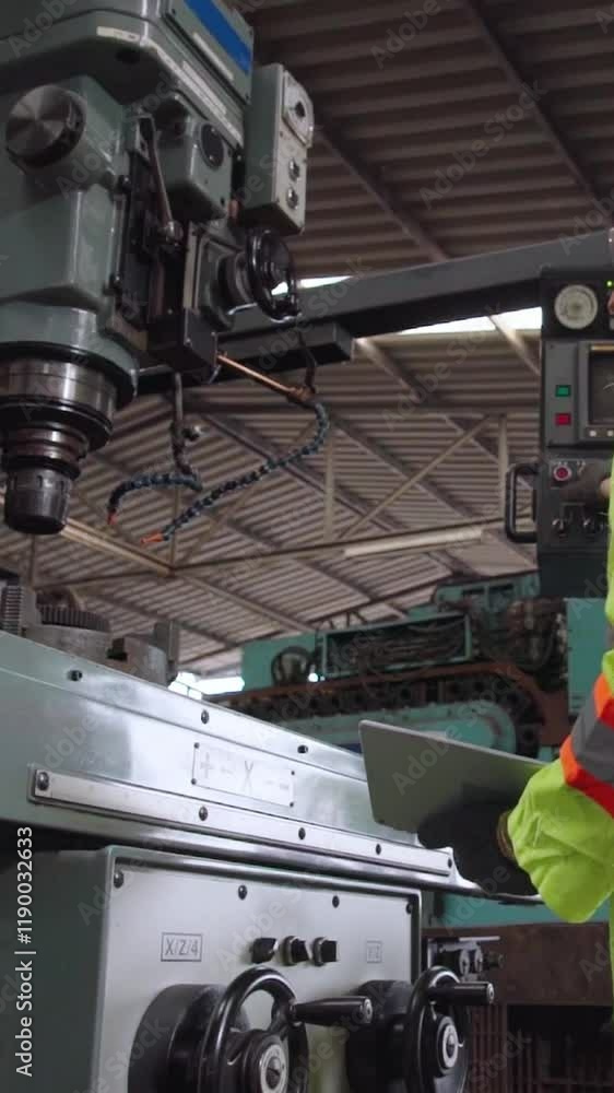 Poster smart factory worker using machine in factory workshop . industry and engineering concept.