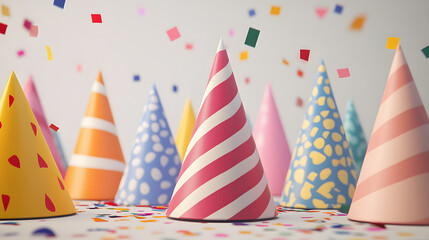 Colorful party hats scattered on a surface with confetti falling. A festive and cheerful image perfect for birthdays or celebrations.