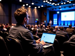 Obraz premium Attentive Man Working on Laptop at Conference Business Seminar Audience