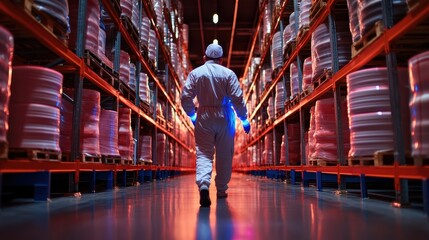 Obraz premium A person in protective clothing walks through a brightly lit warehouse, surrounded by stacked containers on shelves.