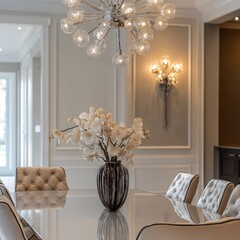 Elegant Dining Room Interior with Ornate Chandelier and Floral Arrangement