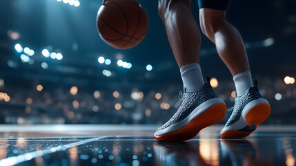 Naklejka premium Close-up of basketball player's feet dribbling in a brightly lit arena. Focus on stylish sneakers and the ball. Dynamic action shot.