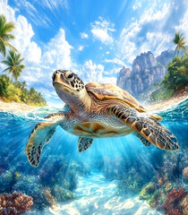 Obraz premium A turtle is swimming in the ocean with the sun shining on it. The scene is peaceful and serene