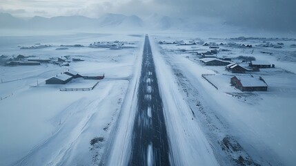 Fototapeta premium Aerial view of a snowy road in a remote village, capturing winter's serene beauty.