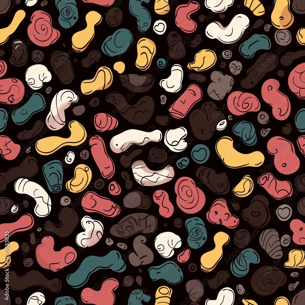 Poster Abstract Doodle Pattern  Dark Background  Colorful Shapes  Seamless Texture