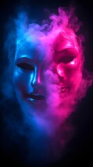 Dual-faced mask engulfed in vibrant blue and pink smoke.