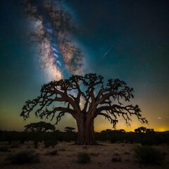 Starry Night Over Baobabs: Adansonia Grandidieri Trees Beneath the Milky Way and Full Moon