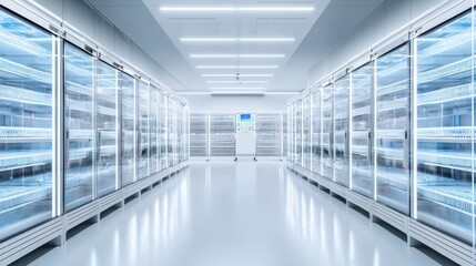 A modern, spacious commercial freezer aisle featuring tall glass doors, illuminated shelves, and a sleek, clean design.