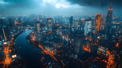 Fototapeta premium A vibrant urban skyline illuminated under rain at night featuring glowing buildings.