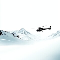 Naklejka premium A heliskiing experience in a snow mountain resort, helicopter hovering above snowy peaks, isolated on white background