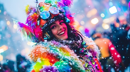 Fototapeta premium Woman in vibrant snow festival costume smiles, snowy city background