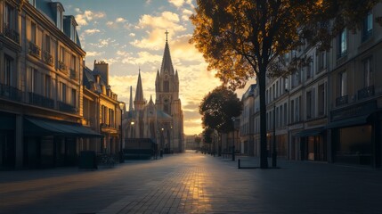 Fototapeta premium Sunrise cityscape: church and street