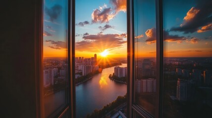Sunset Cityscape Seen Through Window Panes